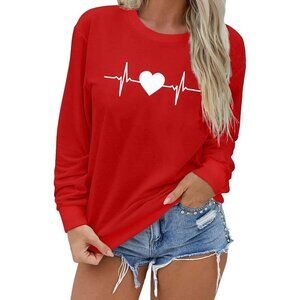 🆕Women Red Cotton Blend Valentine's Day Sweatshirt Love Heart Funny Teen Shirt